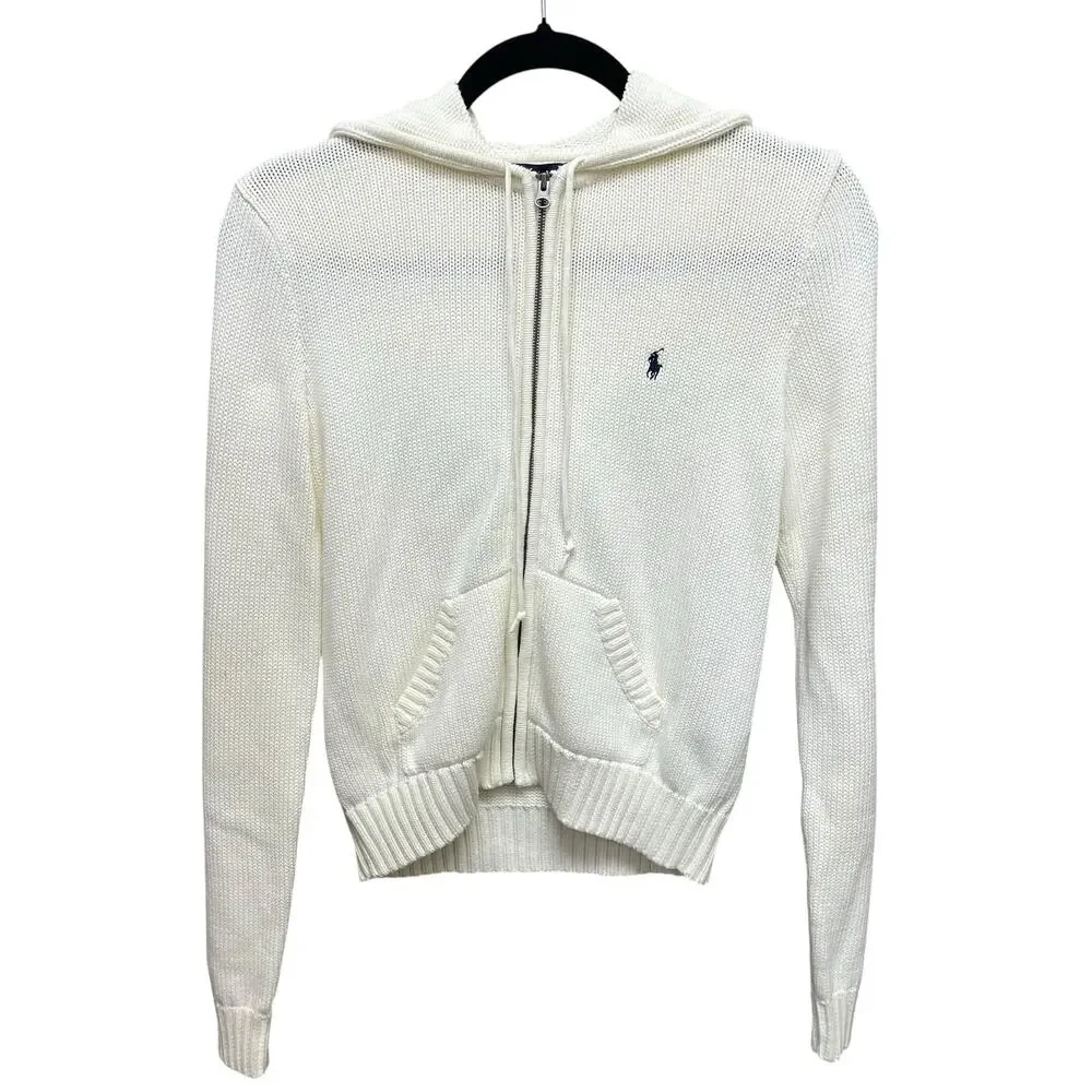 Vintage Ralph Lauren Pure Cotton Knit Zip Up Hooded Jacket White Medium AS IS